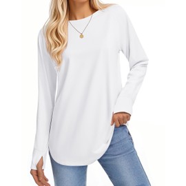 YUCOLEN Long Sleeve Shirts for Women Tunic Tops to Wear with Leggings Casual Loose Fit Tees with Thumb Hole and Curved Hem White Large
