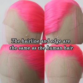 BTWTRY Pink Synthetic Lace Front Wig Long Straight Hot Pink Lace Front Synthetic Wig Pre Plucked Natural Hairline Glueless Heat Resistant Fiber Hair Wig for Fahison Women (Pink)