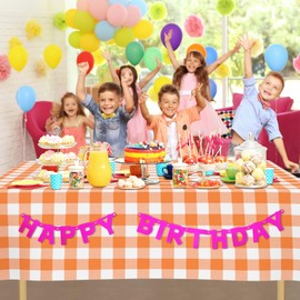 CINSOEN 2 Pack Orange and White Checkered Tablecloth Orange Gingham Plastic Table Cloths for Parties Disposable 54x108 in Waterproof Table Covers for Party Baby Shower Birthday Graduation Thanksgiving