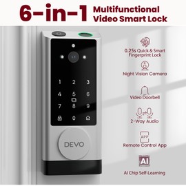 DEVO G1 Video Smart Lock with Camera & Doorbell, 6-in-1 Keyless Entry Door Lock with Fingerprint, App Remote, Auto Locks, Built-in Wi-Fi Smart Deadbolt for Front Door, IP65 Waterproof, Easy Install