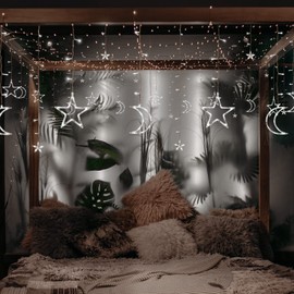 XINXIANLIAN - 138 luces LED de decoración de ramadán, luces solares de luna y estrella, luces de cortina impermeables para exteriores, con 8 modos, decoración colgante de ramadán, hogar, patio (blanco