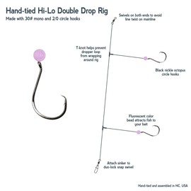 3 Pack '2/0' Bead Rig Surf Fishing Hi-Lo Double Drop Hand-Tied 30LB Mono (Pink)