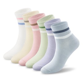POMIJIAN Mid-Crew Socks for Women Cotton Athletic Womens Socks Casual Striped Ankle Sock Thin Running Calf Sock (CA/US, Alpha, One Size, Regular, Regular, B-6 Pairs Mixed Color-1)