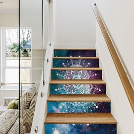 AMAZING WALL Home Stair Riser Sticker Gradient Boho Bohemian Mandala Flower Printed Stairs Self Adhesive Decoration Wall Sticker Set 6pcs