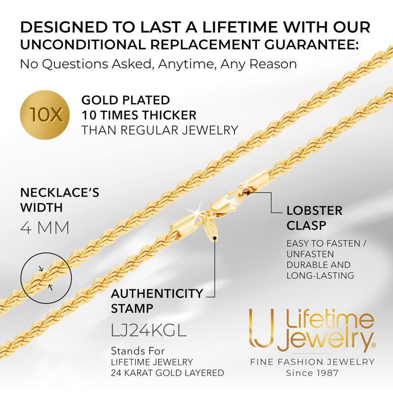 LIFETIME JEWELRY 24k Real Gold Plated 4mm Rope Chain Necklace