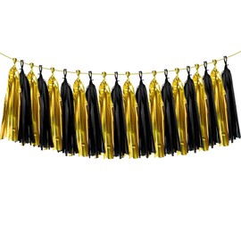 ZYOOO 20 Pieces Tissue Paper Tassels Garland, Black Gold Paper Tassel Garland Tassel Banner for Wedding, Birthday, Prom, Graduation, Christmas, New Year's Eve Party Decoration