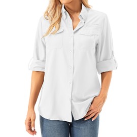 Womens UPF 50+ UV Sun Protection Safari Shirts Long Sleeve Outdoor Cool Quick Dry Fishing Hiking Gardening Shirts (5072 White M)