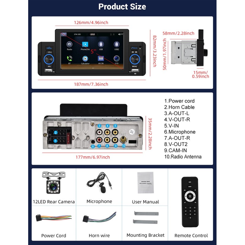 Single Din Car Stereo with Apple Carplay Android Auto, METEESER