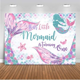 Avezano Mermaid 1st Birthday Backdrop Our Little Mermaid is Turning One Party Background First Birthday Party Decoration Under The Sea Birthday Dessert Table Banner (7x5ft)
