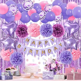 ZERODECO Purple Birthday Decoration, Happy Birthday Garland Purple Pink Pompoms Curtain Balloons Birthday Decoration Girls Birthday Decoration Women Ladies Children's Birthday Decoration Birthday