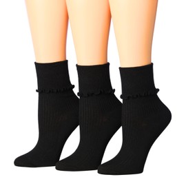 Tipi Toe Womens 3 Pairs Black Color Ruffle Socks Turn-Cuff Solid Lettuce Edge Lightweight Soft Breathable Cool Frilly Socks Women, 1125-B