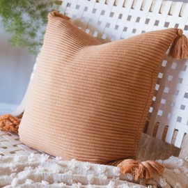 Lumi Living 100% Soft Cotton Raised Stripes Textured Rib Knit Throw Pillow Cover with Tassels (20x20, Baked Clay)