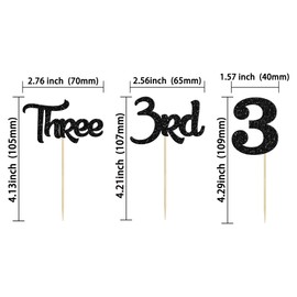 24 piezas de decoración para cupcakes de tercer cumpleaños con purpurina, tres púas para cupcakes para baby shower, tercer cumpleaños, aniversario, fiesta, decoración de pasteles, suministros negros