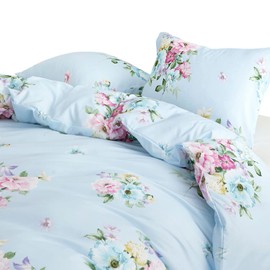 Wake In Cloud - Shabby Chic Comforter Set, Floral Farmhouse Cottagecore Vintage Colorful Pastel Spring Flowers, Soft Lightweight Bedding for Women Girls, 3 Pieces, Blue, Full Size