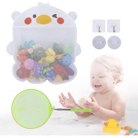 Mesh Bath Toy Organizer & Scoop Set, Cute Bathtub Toy Organizer Net + Bath Toy Scoop + 2 Strong Hooks for Kids & Toddlers Shower Bath Toy Storage