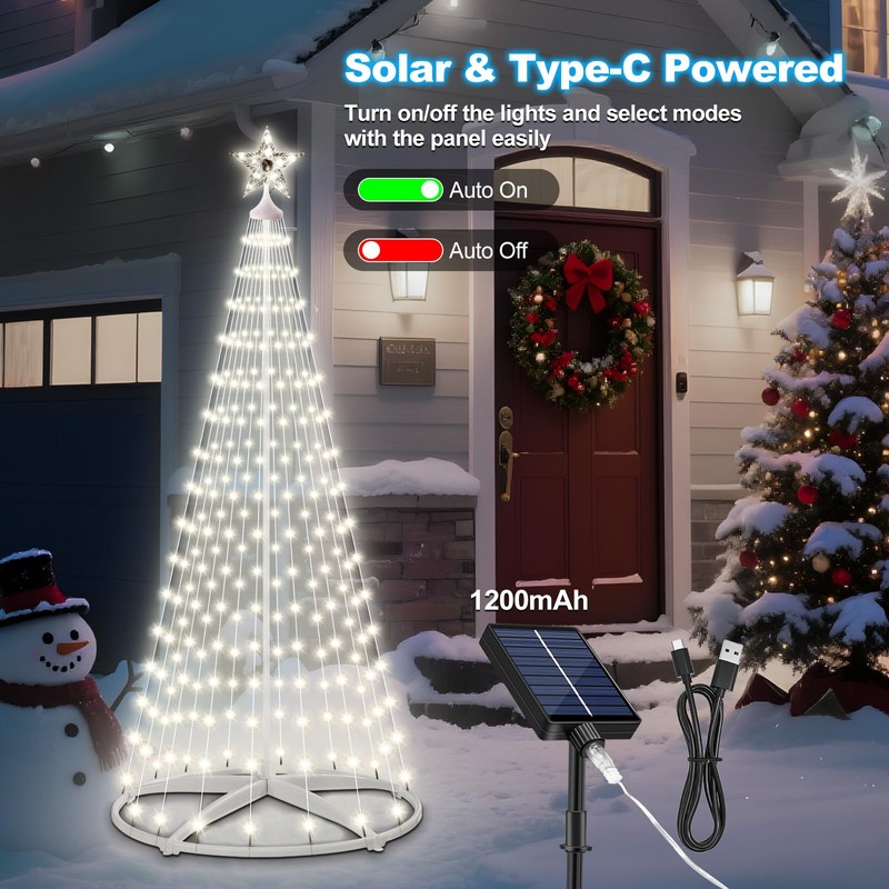 AMIPEPE 6ft Solar Christmas Tree Lights Outdoor, 250 LEDs Remote