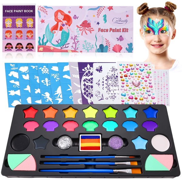 Creamify Face Painting Kit for Kids - 67 Stencils, 18 Water Based Face Paint Kit Professional, Non-Toxic Sensitive Skin Face Body Paint Palette & Book, Halloween Makeup Kit, Mermaid Face Glitters
