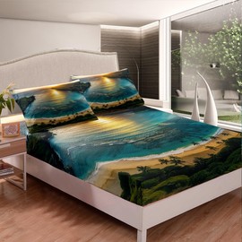Homemissing Beach Theme Fitted Sheet King Size For Kids Girls Teens Coastal Beach Ocean Bedding Set Sunset Bed Sheet Set Sea Waves Sheet with 2 Pillowcase，No Flat Sheet
