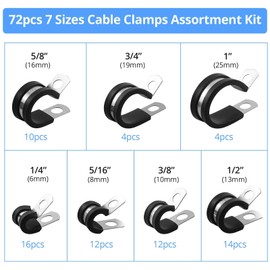 CAMWAY Cable Clamps,72pcs Stainless Steel Pipe Clamp, Rubber Cushioned Cable Clamps Assortment Kit, Metal Clamp 7 Sizes 1/4" 5/16" 3/8" 1/2" 5/8" 3/4" 1'' Cable Clamp Assortment Kit