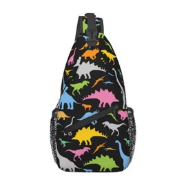 SURERUIM Cute Cartoon Dinosaur Sling Bag for Women Men Seamless Colorful Dinosaurs Pattern on Black Background Crossbody Chest Shoulder Bag Cartoon Dinosaur Backpack Casual Gym Travel Hiking Daypack
