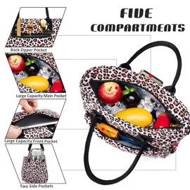 Lunch Bag for Women, Insulated Lunch Box for Work, Large Leakproof Cooler Purse with Side Pockets & Removable Shoulder Strap Women's Lunch Tote Bag for Picnic Work Beach Cute Lunch Bags (Leopard)