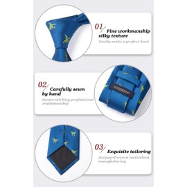 HISDERN Men's Ties Classic Dinosaur Blue Ties for Men Animal Tie and Pocket Square Jacquard Neckties Handkerchief Set for Business Wedding