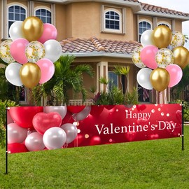 BlissYard Valentine's Day Banner 78x17 Inch Happy Valentine's Day Backdrop Banner Large Size Red Heart Valentine's Day Background Banner Valentines Photo Props Heart Decorations Wedding Anniversary