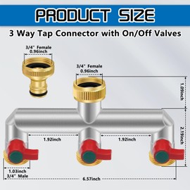 3 Way Brass Hose Tap Splitter with On/Off Valves, 3/4" Tap Connector with 3/4" BSP Threads Hose Pipe Fittings for Hose Pipe Fittings, Watering System, Ball Valves, Outside Tap Connector(B)