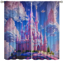 Children's Room Curtain Beautiful Scenery Fairy Tale World Princess Castle and Clouds Pattern for Kids Girl Room Living Room Bedroom Decor Printed Blackout Rod Pocket Window Drapes 42"
