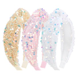 YanJie Sequin Knotted Headbands for Girls White Pink Gold Hair Accessories for Kids Sparkly Headband Glittery Hair Bands for Toddler Teen Girl 3Pcs