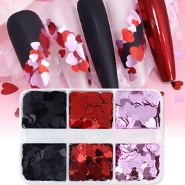 6 Grids Valentine's Day Nail Art Glitter Sequins 3D Holographic Mixed Heart Nail Glitter Flakes Red Black Purple Nail Sequins Valentines Day Nail Decorations for Women DIY Nail Supplies Accessories