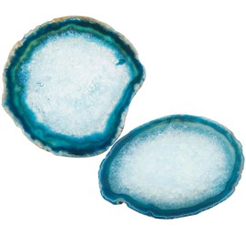 Shanxing Blue Agate Slice Geode Stone Coasters for Drinks and Stone Collection, Crystal Quartz Cup Mats Coasters 3.1"-3.9" Sets of 2, Weight 80-120g/pc