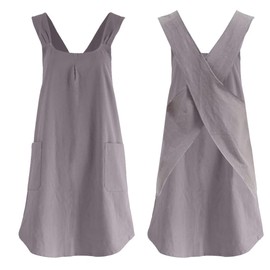 Glorlliant Halter Cross Brace Aprons Plain Cotton Linen Apron with Large Pockets Japanese Style Retro Literature Bibs Aprons Women Kitchen Gardening Floristry, gray