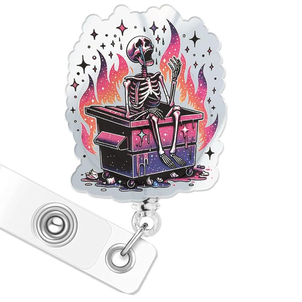 Funny Skeleton Badge Reel, Dumpster Fire Badge Reels Retractable Holder