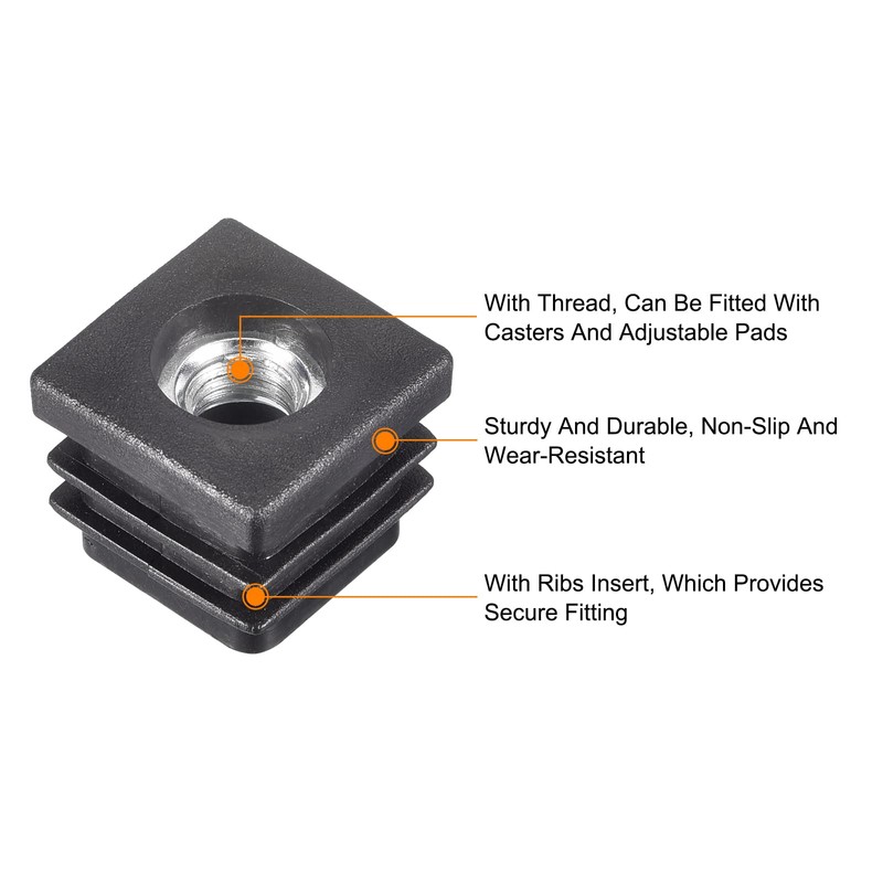 Uxcell 4Pcs M8 Threaded Square Tube Inserts - Black Plastic
