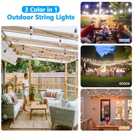3 Color Dimmable LED Outdoor String Lights with Remotes, 48FT Waterproof Patio Hanging Lights with Shatterproof E26 S14 LED Bulbs for Bistro Cafe Pergola Party, Warm White/Nature White/Daylight White