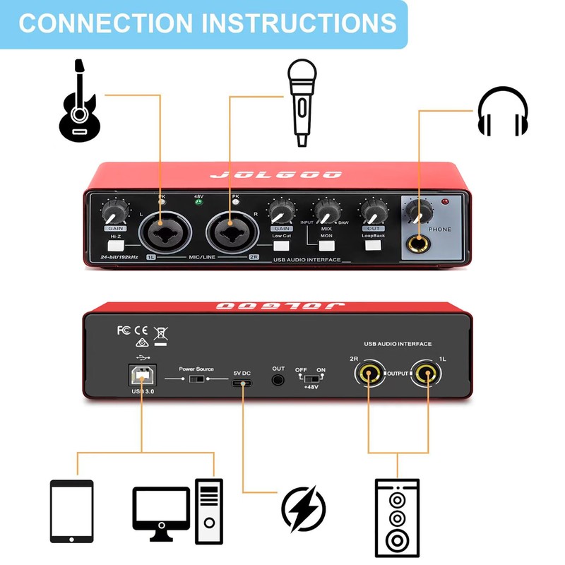 USB Audio Interface, Red 24-Bit/192kHz Plug & Play Recording Sound