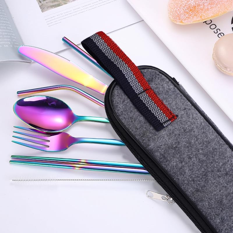 AIMALL 8-Piece Stainless Steel Portable Dinnerware Set with Multi-Coloured Cutlery