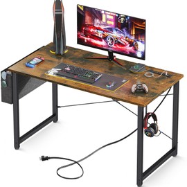 AODK 40 inch Small Computer Desk with Power Outlet for Small Spaces Home Office Student Laptop PC Writing Desks with Storage Bag Headphone Hook, Vintage