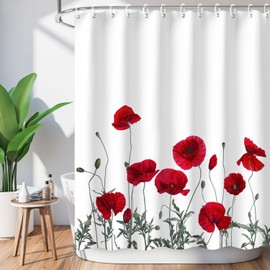 LIVILAN Poppy Shower Curtain Red Shower Curtains for Bathroom Floral Shower Curtain Red Flower Shower Curtain with Hooks Decorative Bright Flowered Fabric Red White Machine Washable, 72" W x 78 H