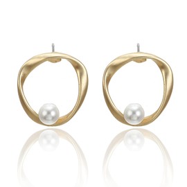 Delicate Freshwater Pearl Earrings, Matte Irregular Circle Pearl Earrings, Gold Plated Geometric Earrings Jewelry for Women(A)