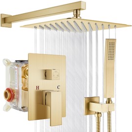 gotonovo Rainfall Bathroom Shower System Rain Shower Head and Handle Set Wall Mounted Shower Complete Combo Solid Brass Pressure Balancing Shower Mixer Valve 10 Inch Brushed Gold