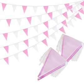 100 Ft Pink White String Flags Pennant Banner Hanging Bunting Flags Blank Banners for Grand Opening,Birthday Party,60 Pack