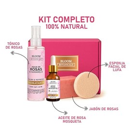 Kit facial edicion de regalo - Aceite de Rosa Mosqueta, Tónico de rosas, Jabón de Rosas y Esponja para cuidado facial completo 100% natural (KIT DE RO