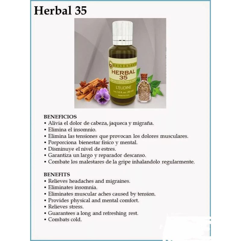 Leudine L'eudine Leudine HERBAL 35 W/35 Essential Oils, Headaches,Stress,Migraines