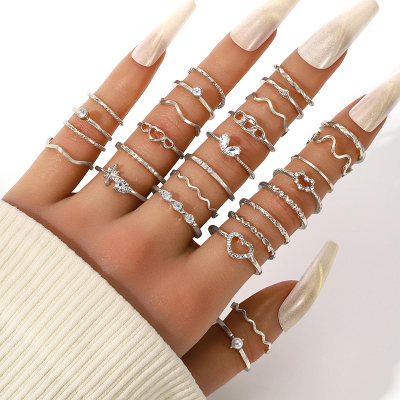 FloralGrace 22 Piece Silver Ring Set for Women, Waterproof Silver