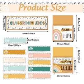 JarThenaAMCS 73Pcs Modern Boho Class Jobs Bulletin Board Colorful Boho Rainbow Classroom Jobs Pocket Chart with Name Tag for Back to School Classroom Teaching Tools