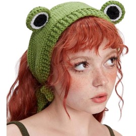 Crochet Frog Headband, Punk Frog Aesthetics, Cartoon Knit Hairband, Rabbit/Worm Animal (Green, One size)