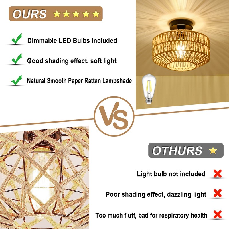 Jobtical Boho Light Fixtures Ceiling Mount,Mini Rattan Chandelier Light Fixture