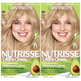 Garnier Nutrisse Ultra Crème Hair Color, Permanent Hair Dye with 100% Gray Coverage, Vegan & Cruelty-Free, 90 Light Natural Blonde (Macadamia), 2 Count